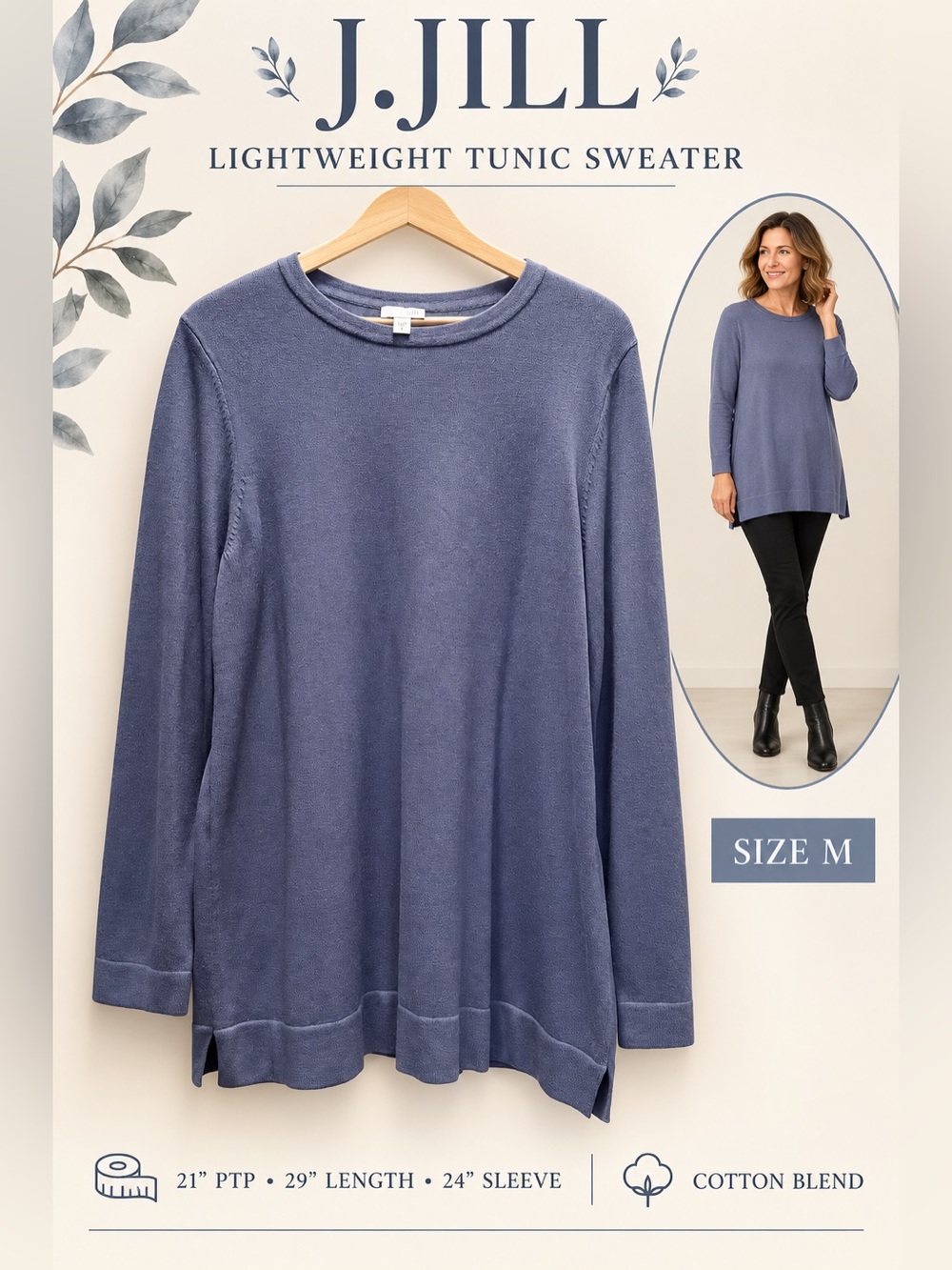 J.Jill Blue Cotton Blend Tunic Sweater M Bracelet Sleeve Lightweight